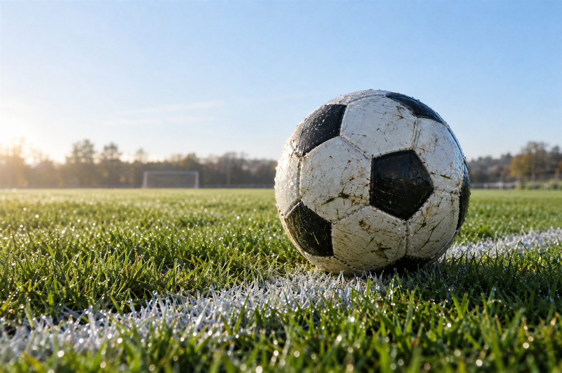 A football on a white pitch line