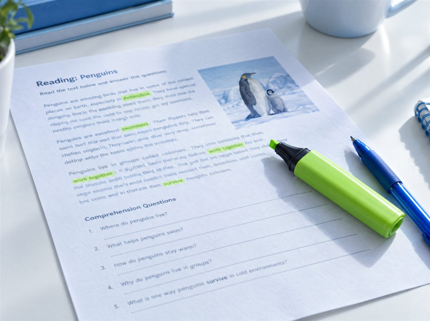 A printed reading text with words marked in highlighter